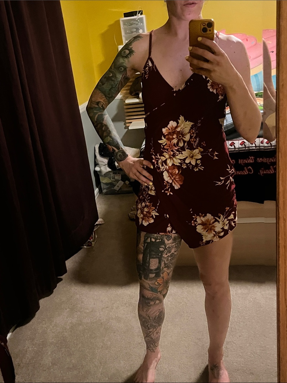 Floral V-Neck Slip Romper in Deep Burgundy